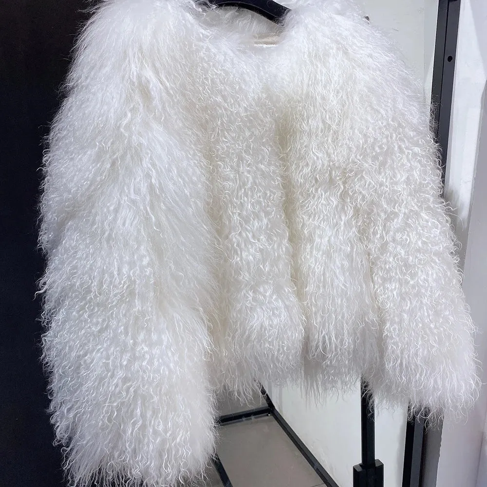 100% Real Mongolian Curly Sheep Fur Coat