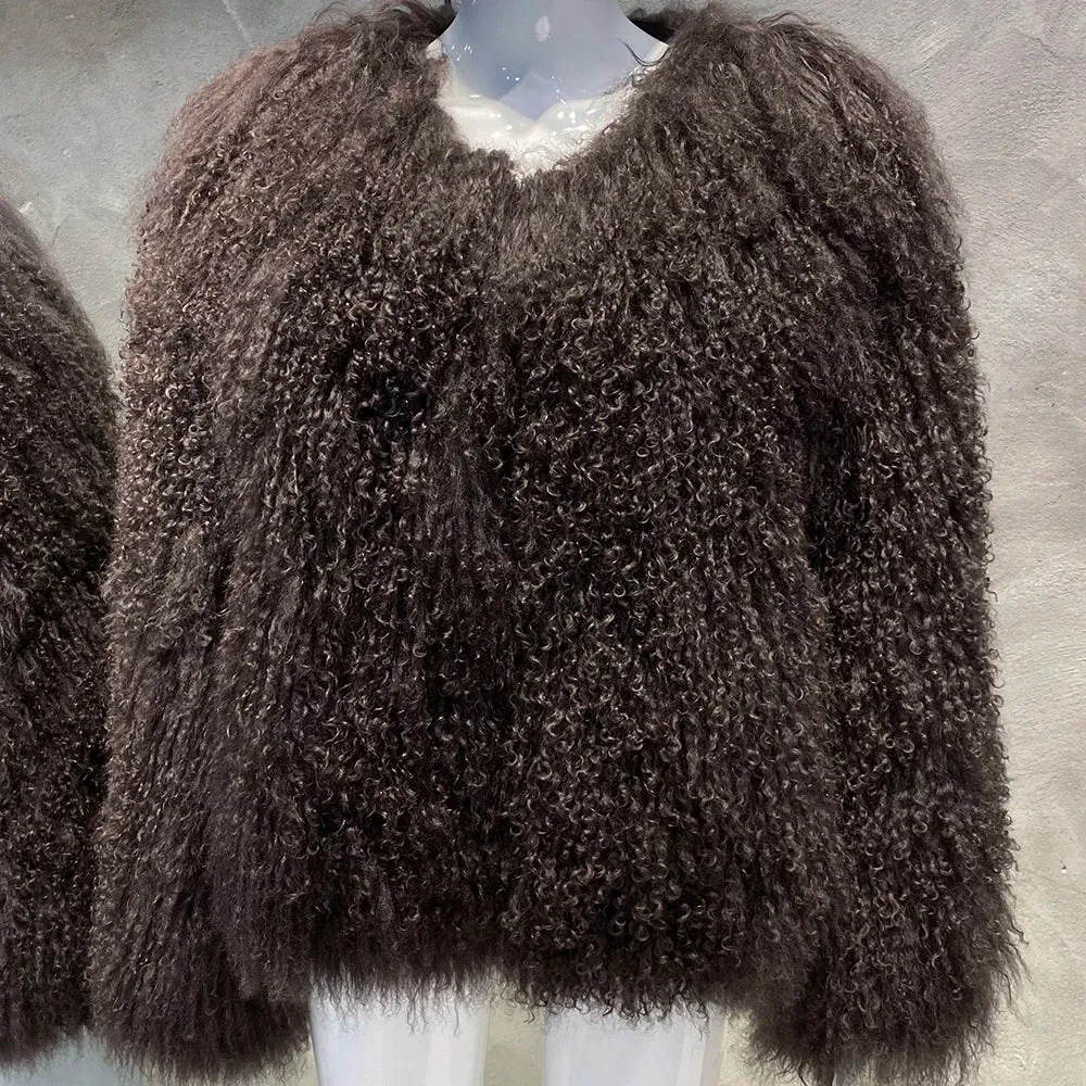 100% Real Mongolian Curly Sheep Fur Coat