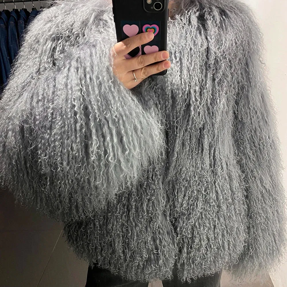 100% Real Mongolian Curly Sheep Fur Coat