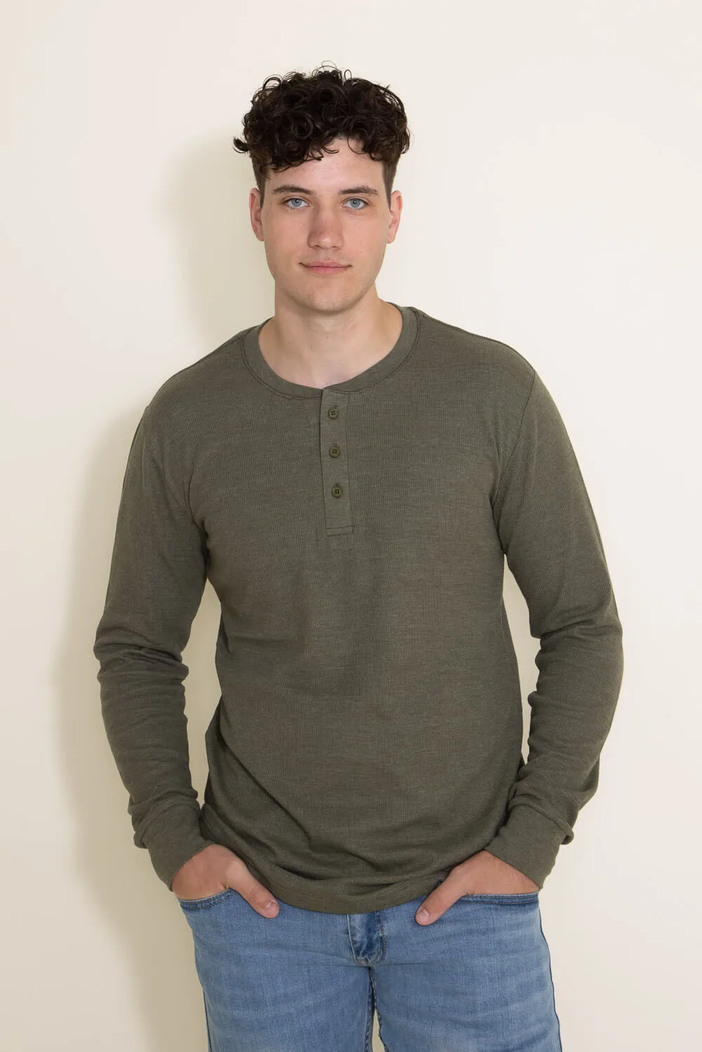 1897 Original Solid Henley Thermal Long Sleeve Shirt for Men in Green | DLST046-OLIVE