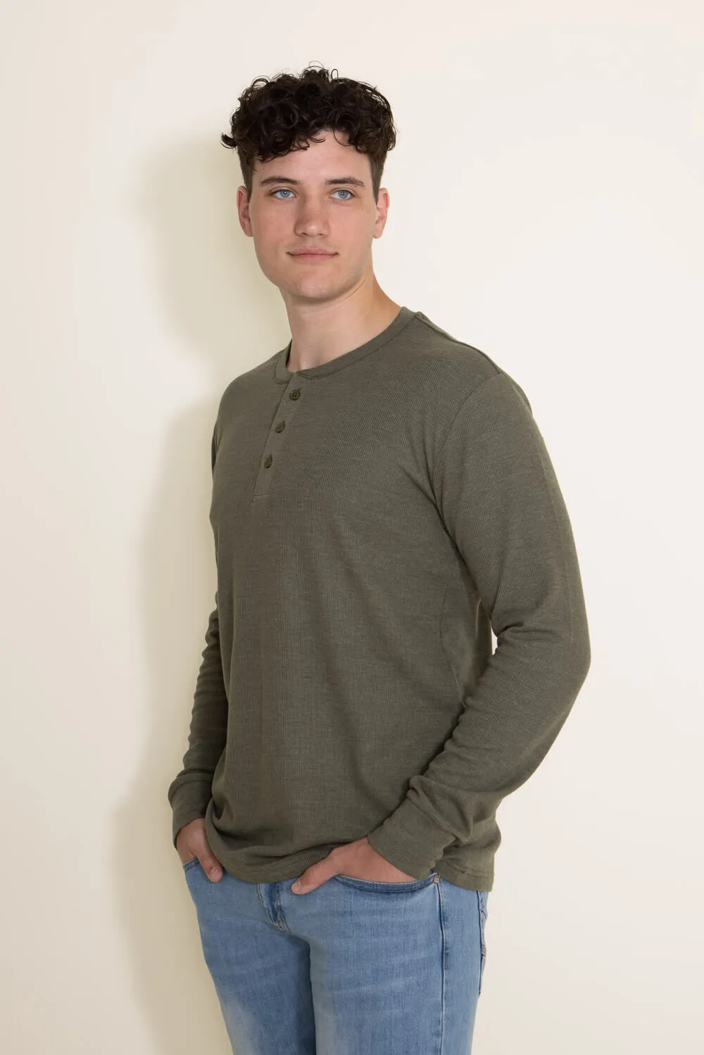 1897 Original Solid Henley Thermal Long Sleeve Shirt for Men in Green | DLST046-OLIVE