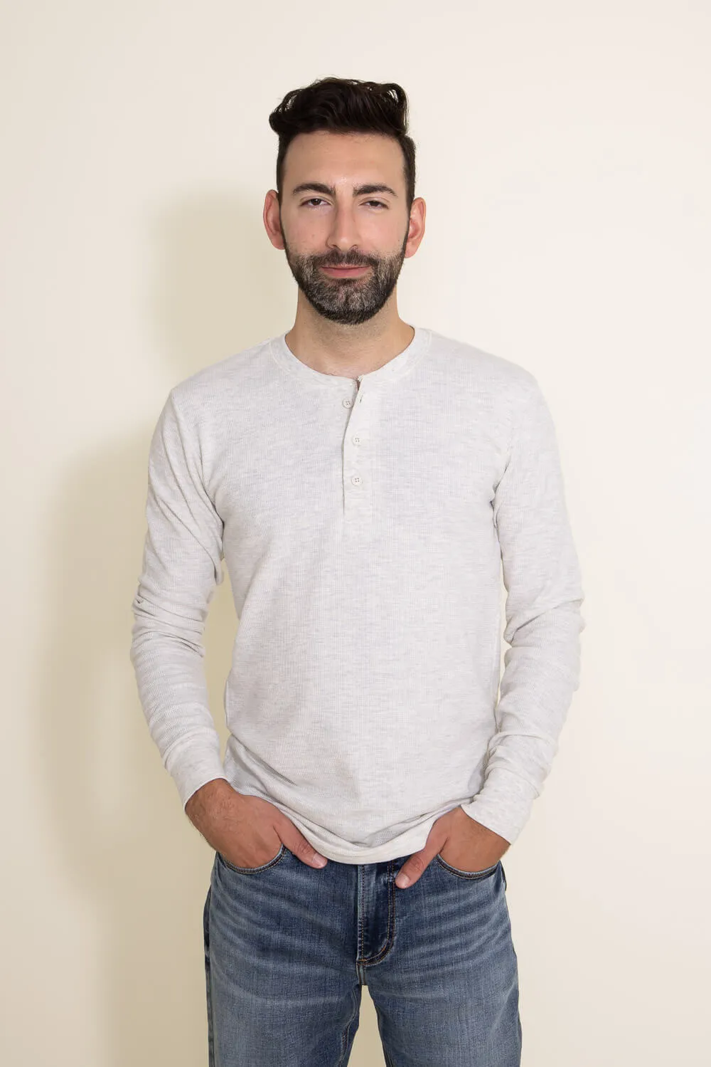 1897 Original Solid Henley Thermal Long Sleeve Shirt for Men in Oatmeal | DLST046-OATMEAL