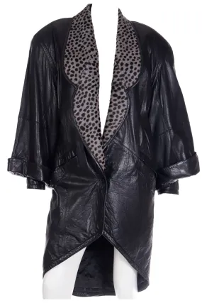 1980s Marc Buchanan Pelle Pelle Black Leather Coat With Leopard Dyed Pony Fur