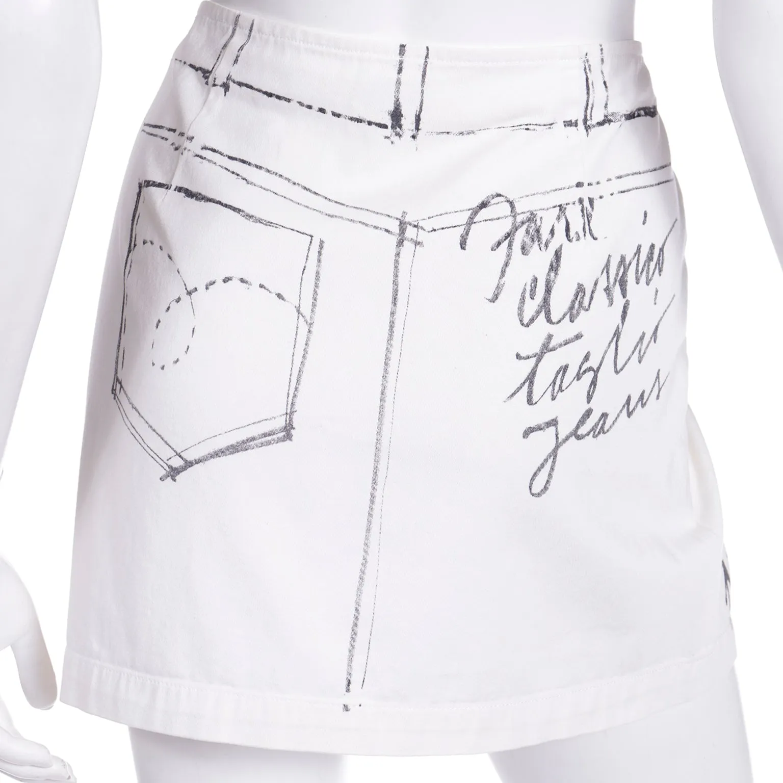 1990s Moschino Jeans Ivory Mini Skirt w Black Handwritten Fashion Notes