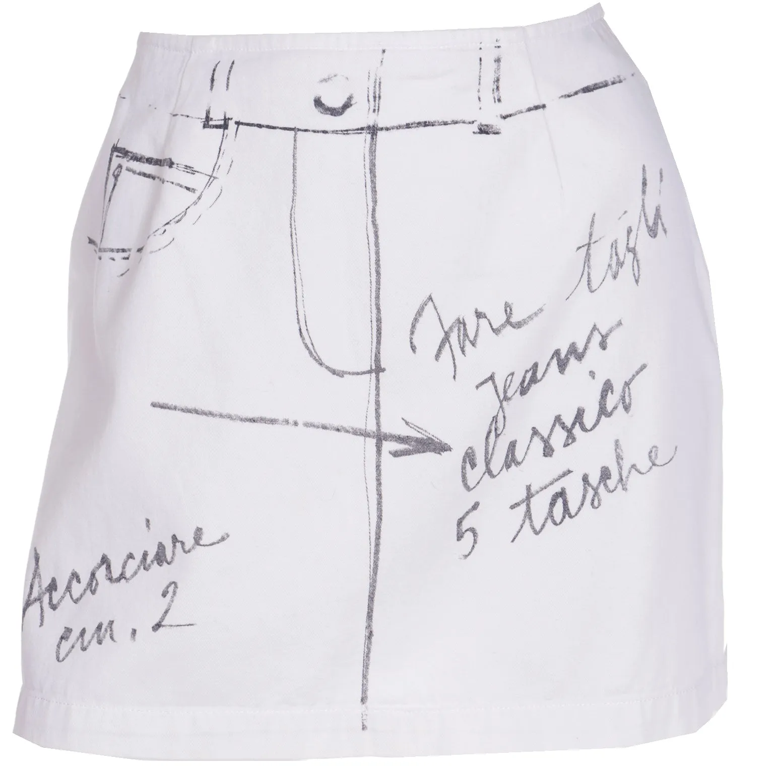 1990s Moschino Jeans Ivory Mini Skirt w Black Handwritten Fashion Notes