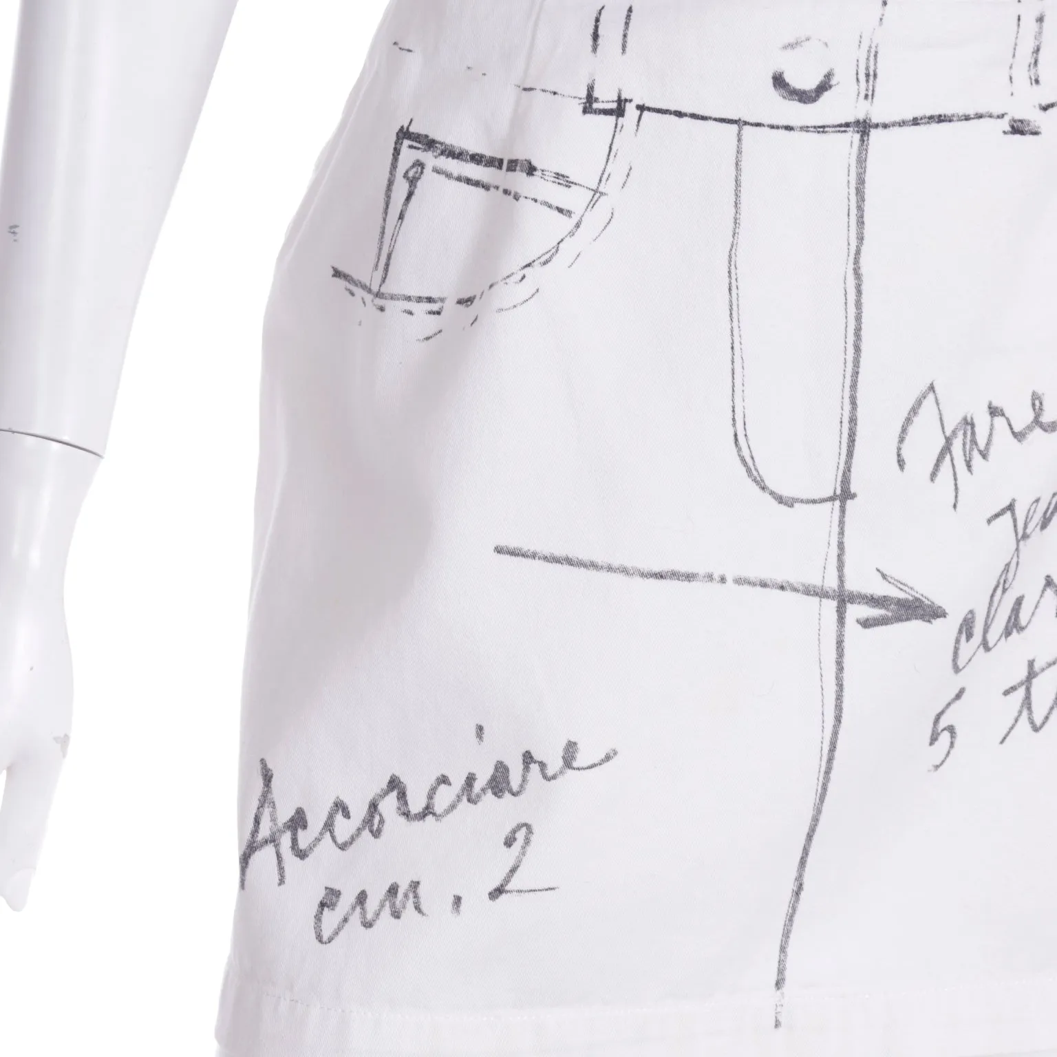 1990s Moschino Jeans Ivory Mini Skirt w Black Handwritten Fashion Notes