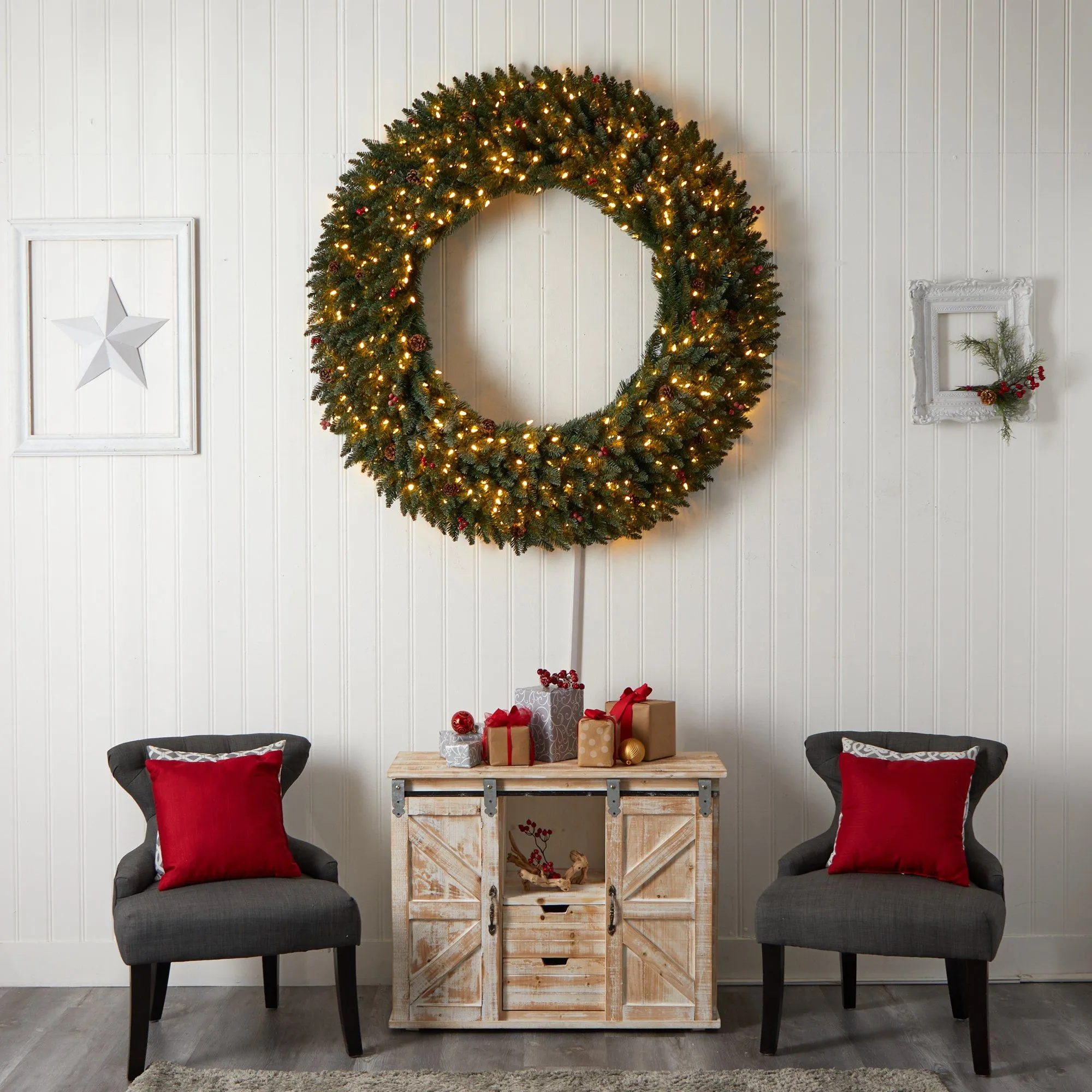 5’ Large Flocked Wreath with Pinecones, Berries, 400 Clear LED Lights and 820 Bendable Branches