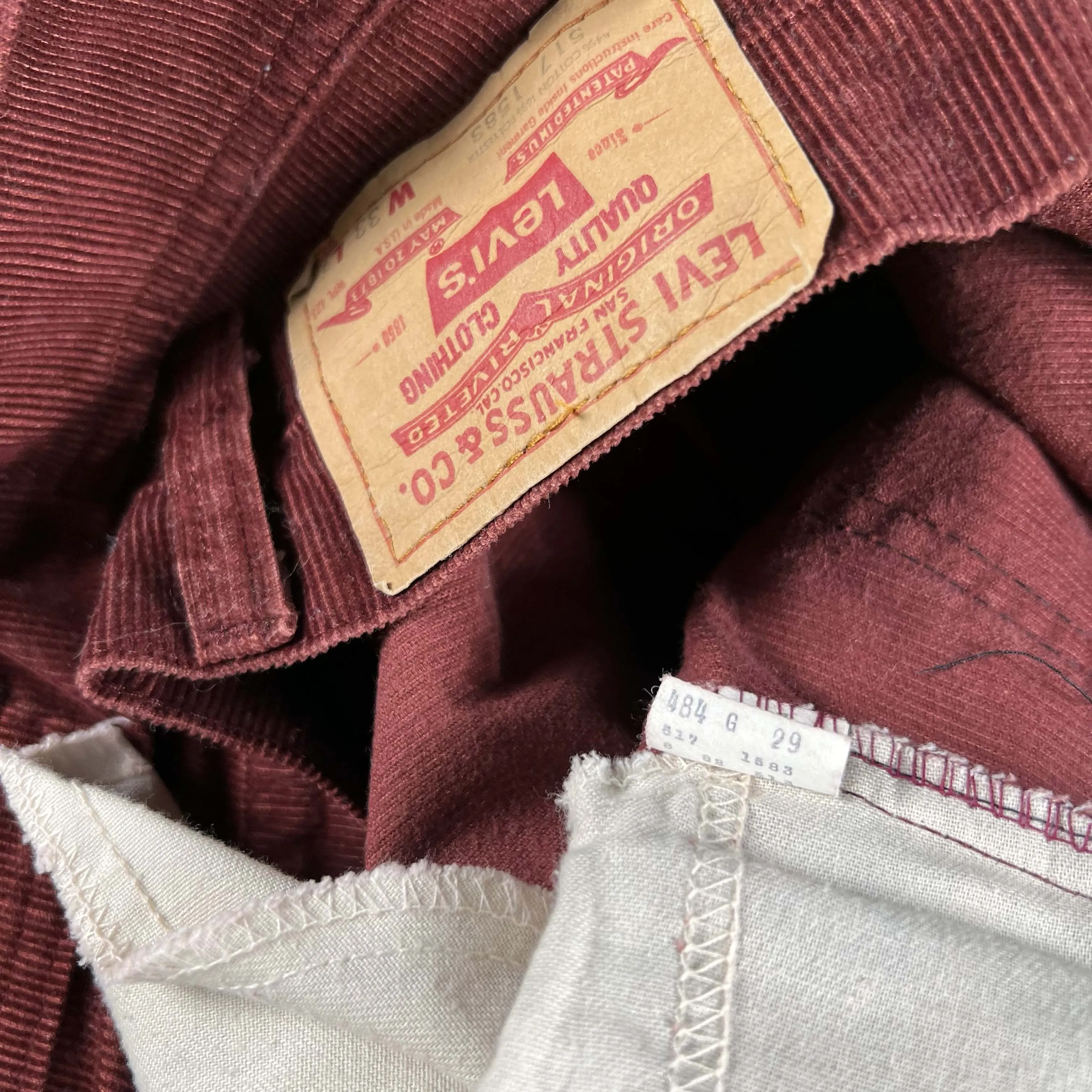 70s Levi's 517 Burgundy Boot Cut Corduroy Pants- 32x28