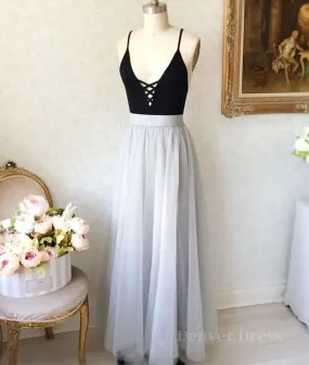 A Line V Neck Black Top Gray Prom Dresses Gray Formal Dresses V Neck Black Top Gray Evening Dresses Graduation Dresses