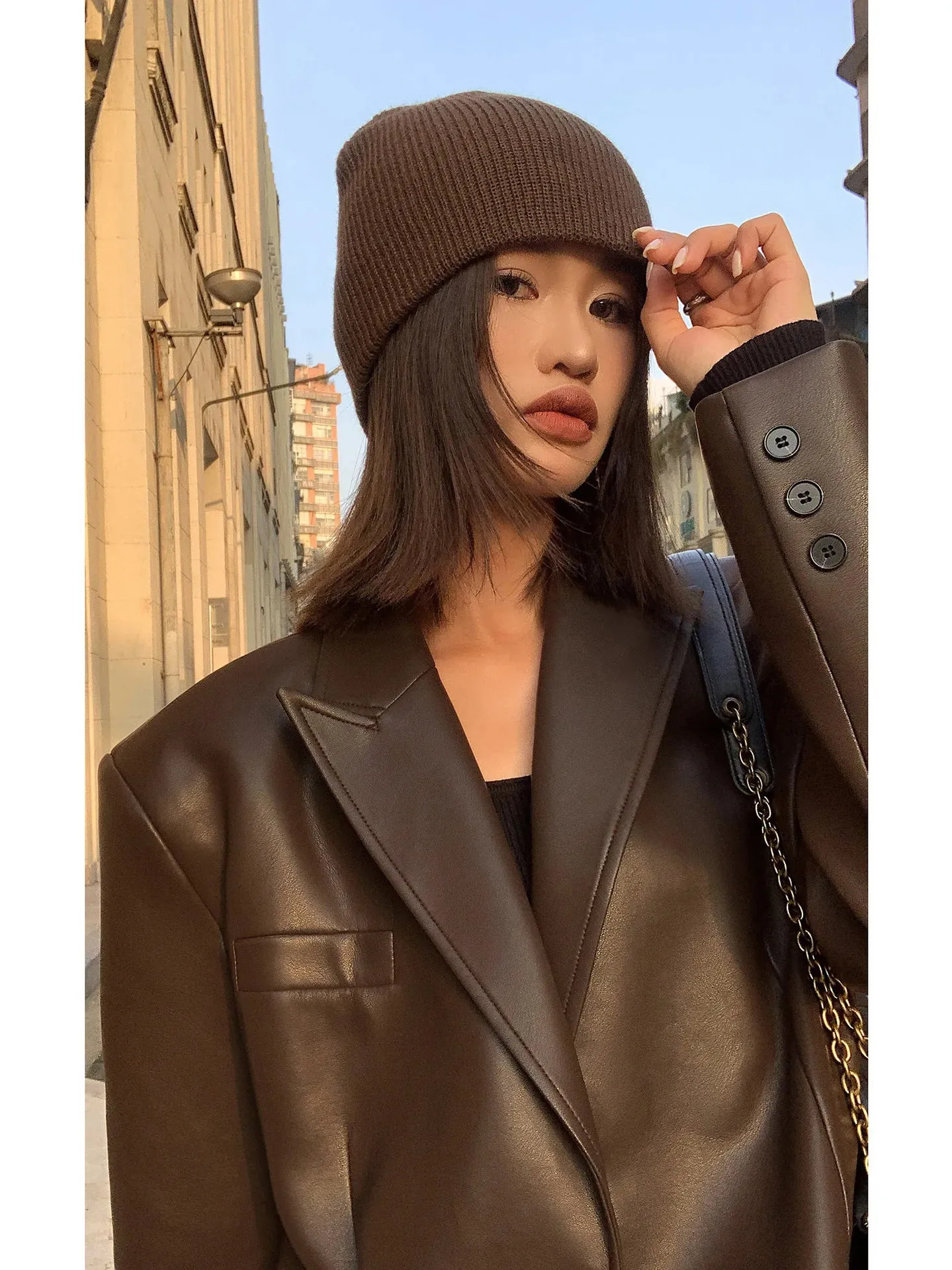 Advbridge Vintage Black High Quality Leather Loose Blazer Biker Coat Women Casual Long Sleeve Flap Pocket Suit Jacket Oversized Streetwear