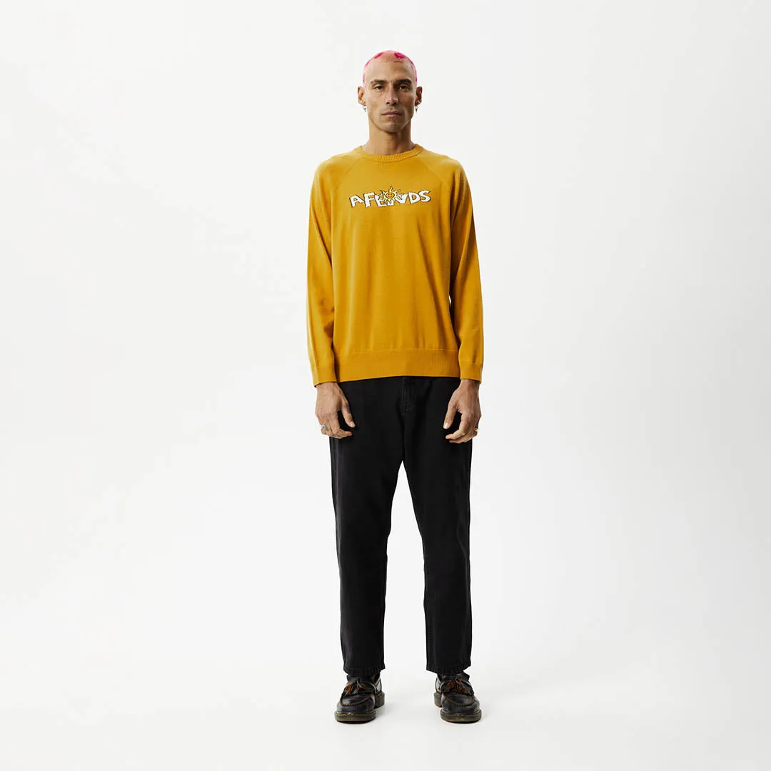 AFENDS Mens Farming - Knitted Crew Neck Jumper - Mustard