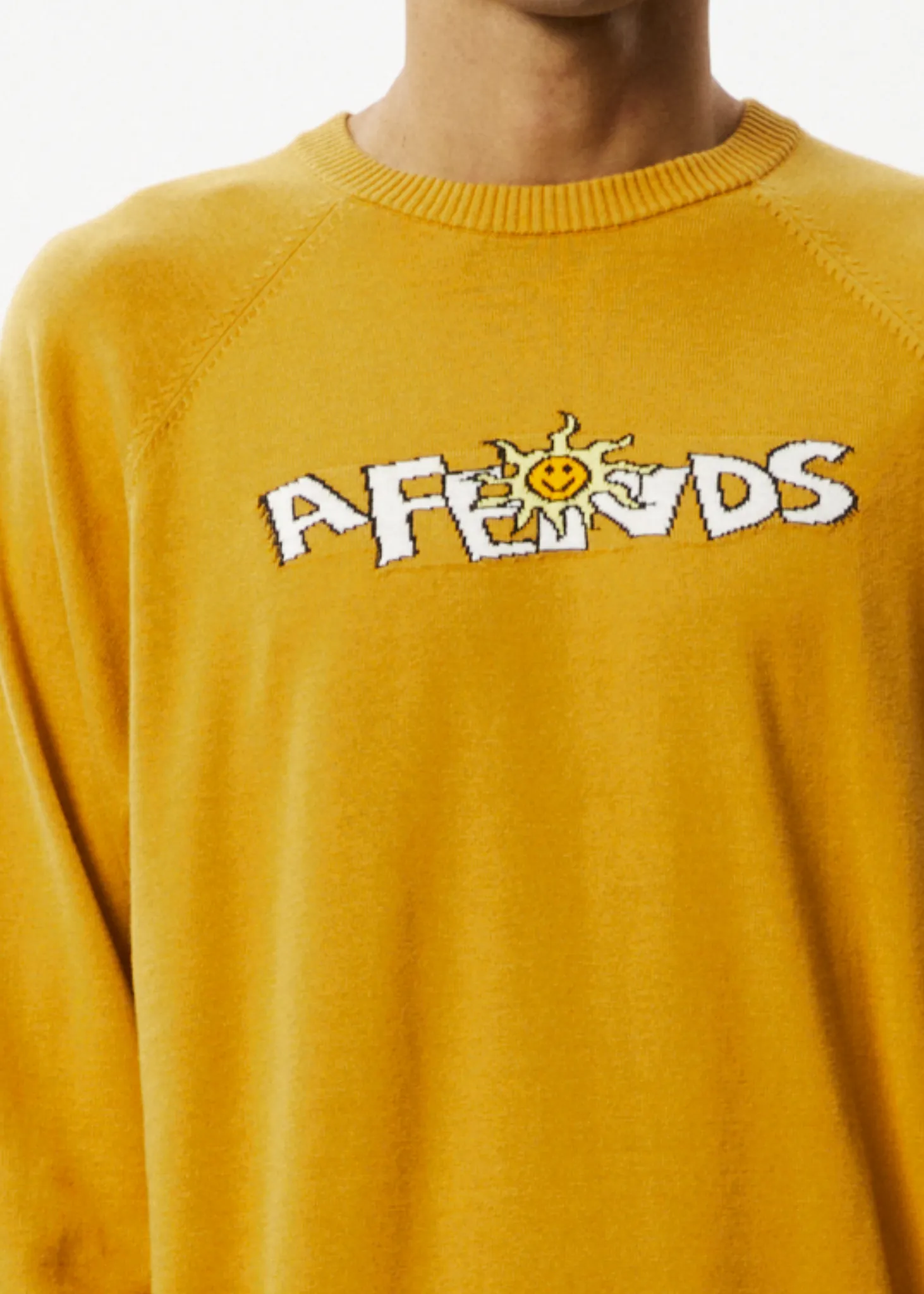 AFENDS Mens Farming - Knitted Crew Neck Jumper - Mustard