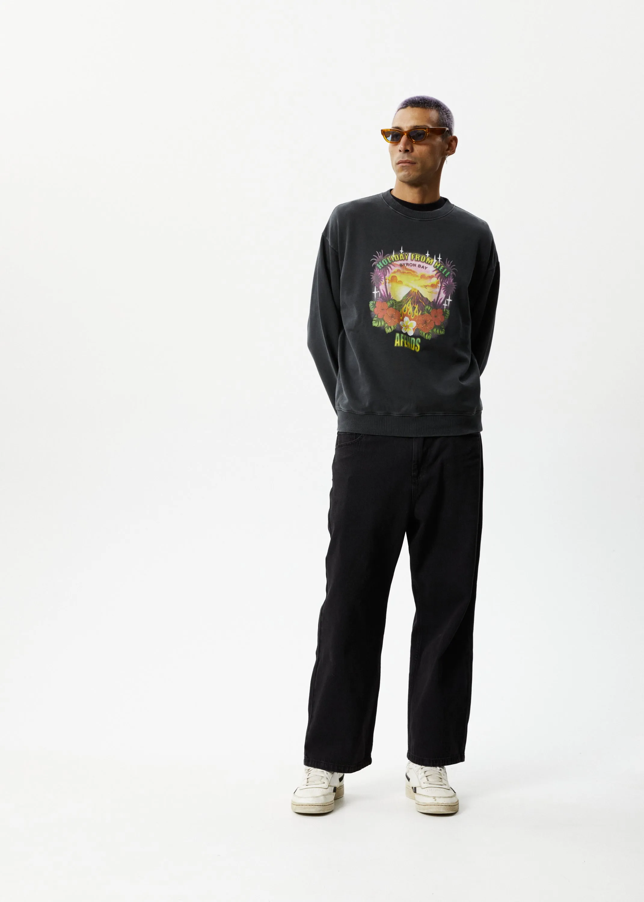 AFENDS Mens Holiday - Crew Neck Jumper- Stone Black