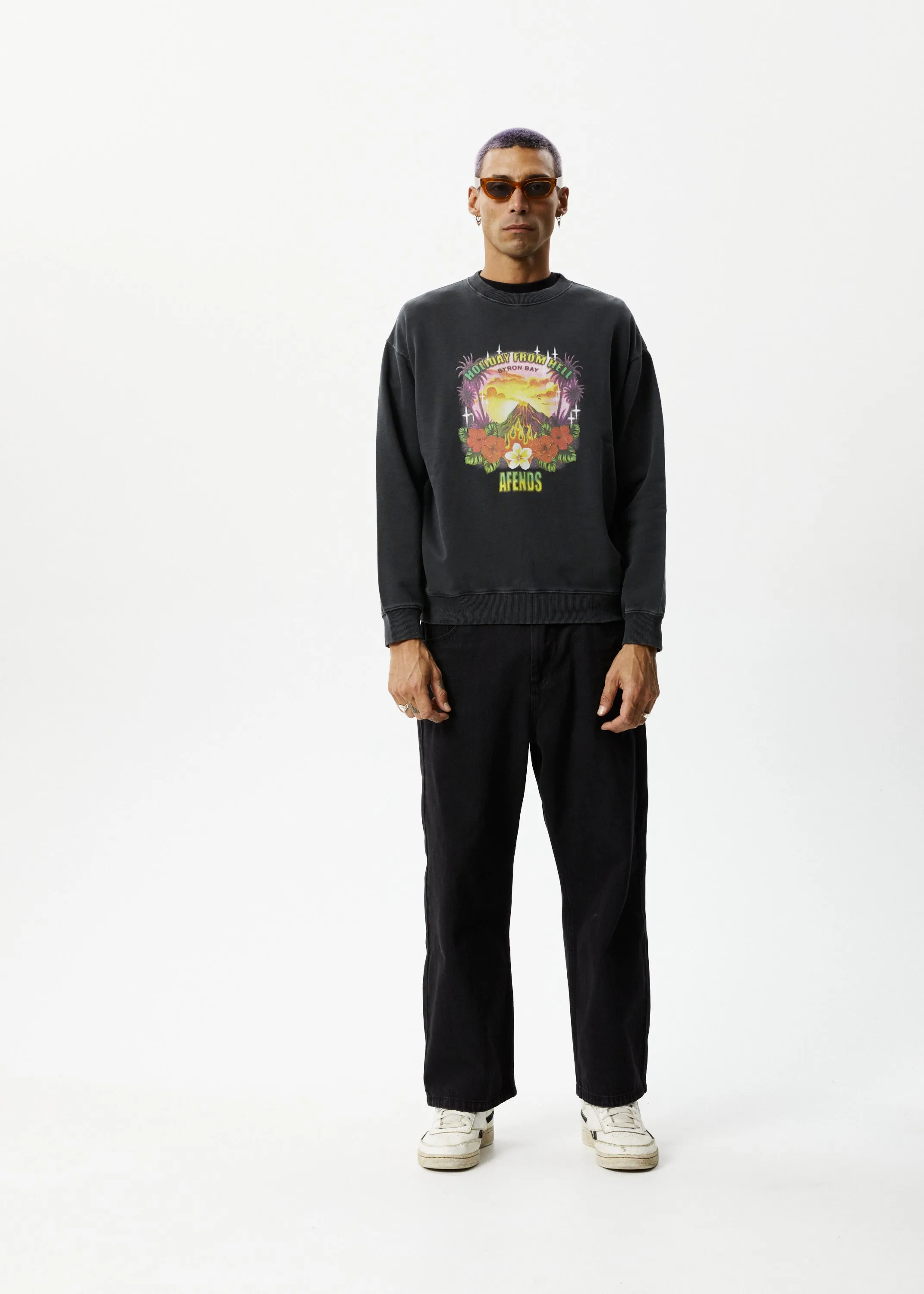 AFENDS Mens Holiday - Crew Neck Jumper- Stone Black