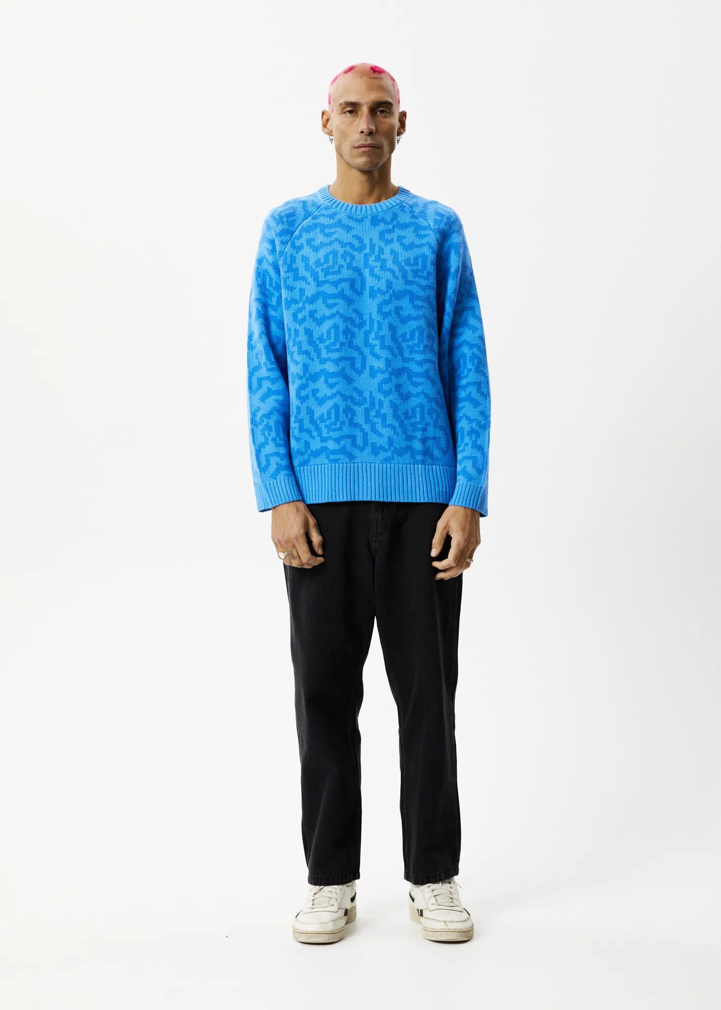 AFENDS Mens Icebergs - Knitted Crew Neck Jumper - Arctic