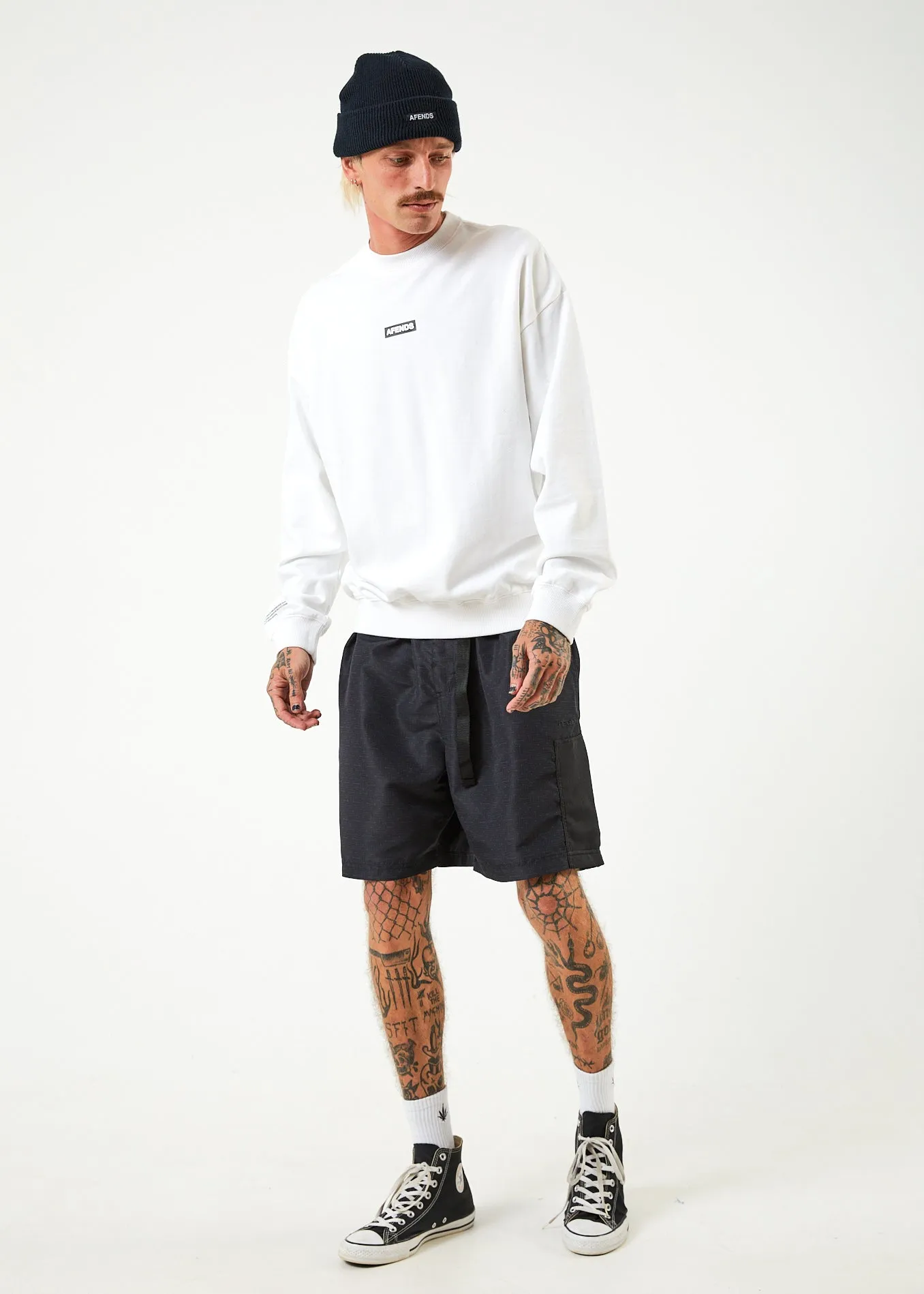 AFENDS Mens Information - Crew Neck Jumper - White