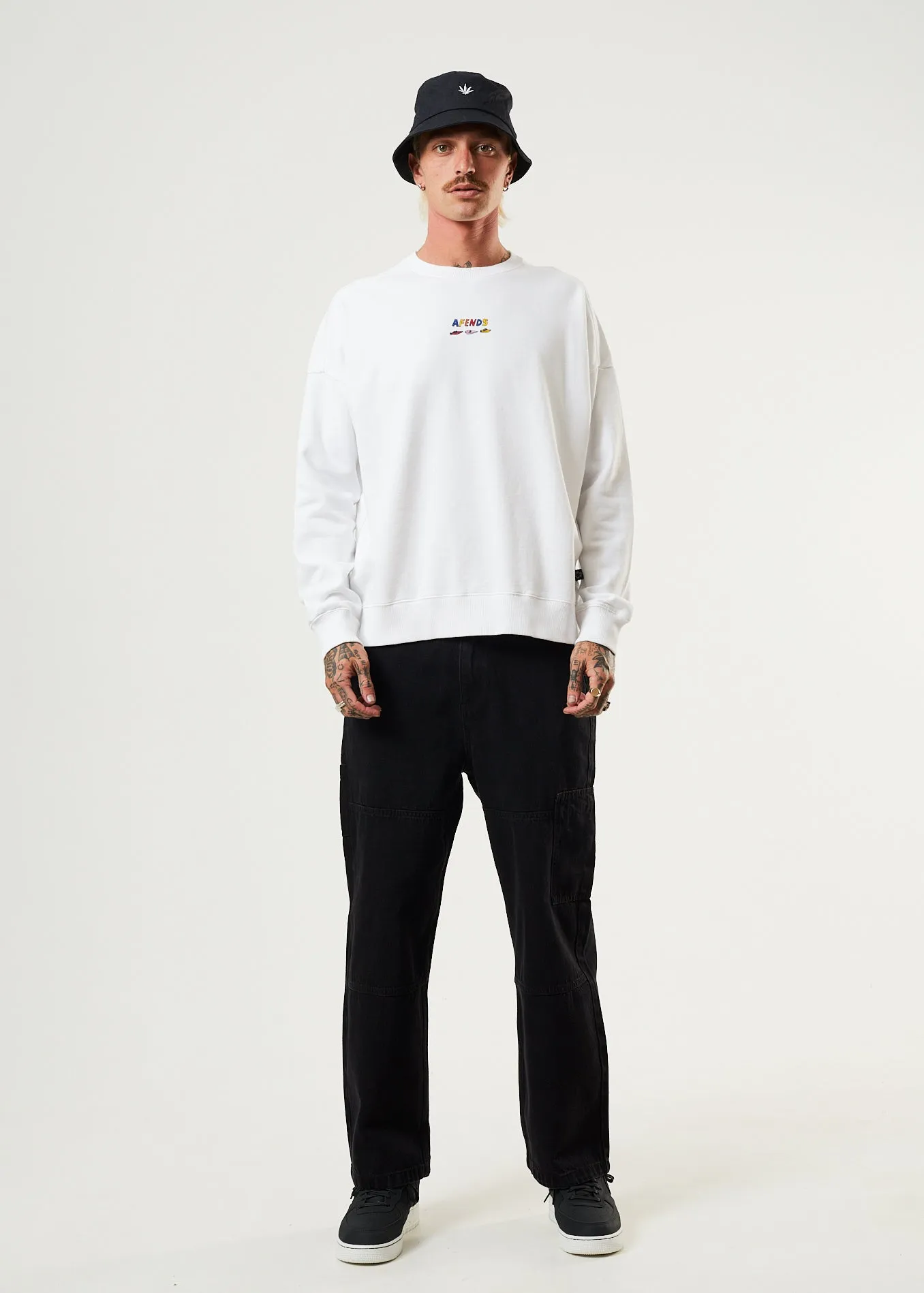 Afends Mens Wahzoo - Recycled Crew Neck Jumper - White