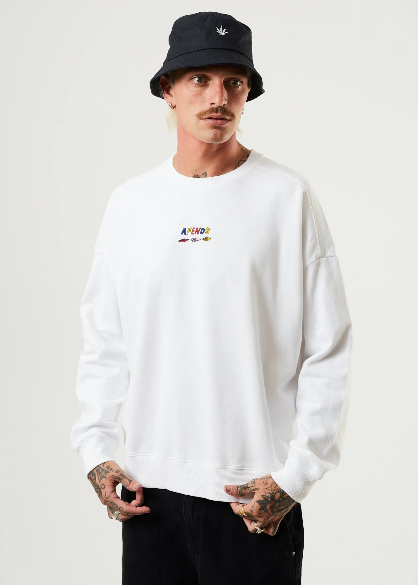 Afends Mens Wahzoo - Recycled Crew Neck Jumper - White