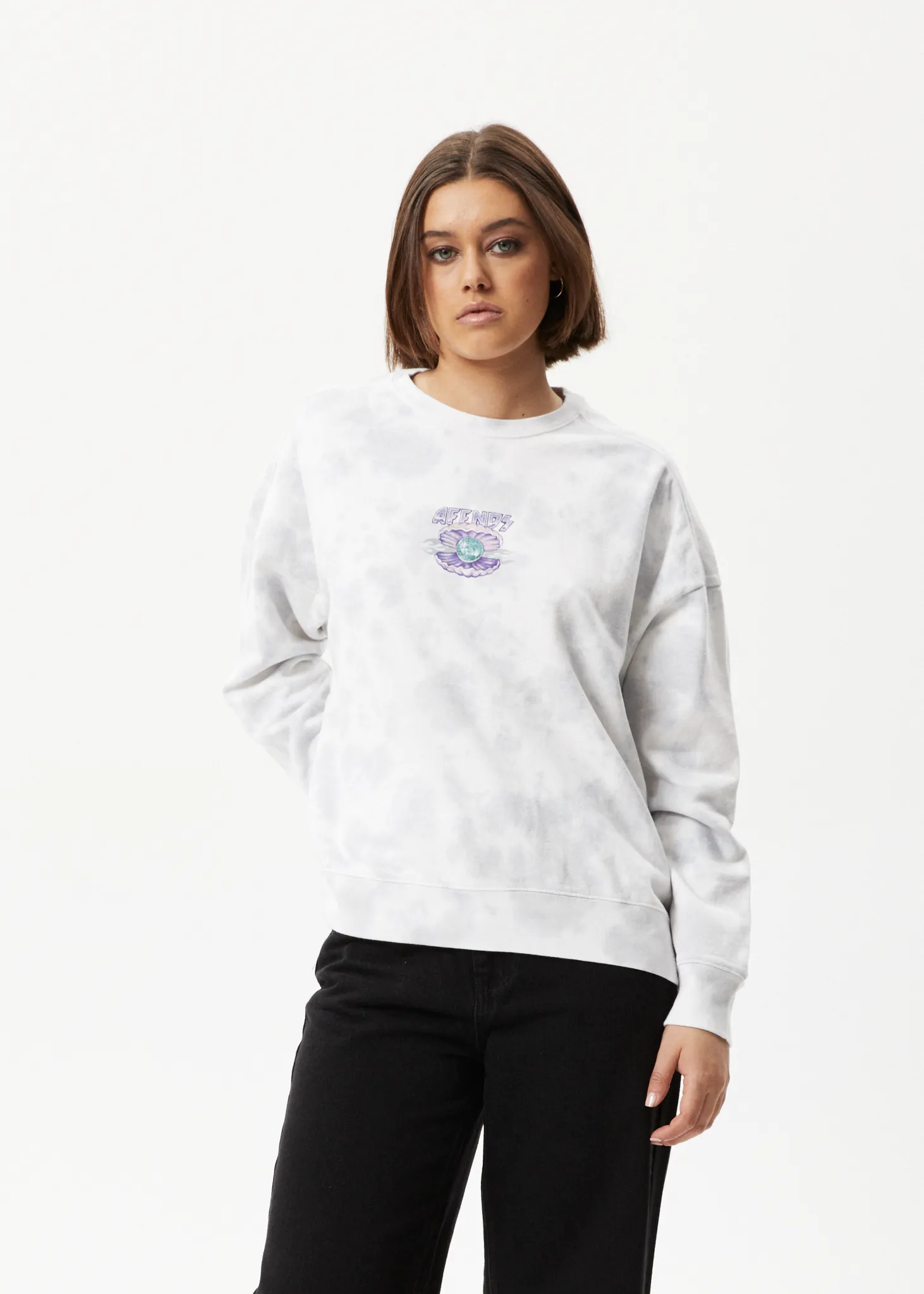 AFENDS Womens Pearla - Crew Neck Graphic Jumper - Smoke Wash