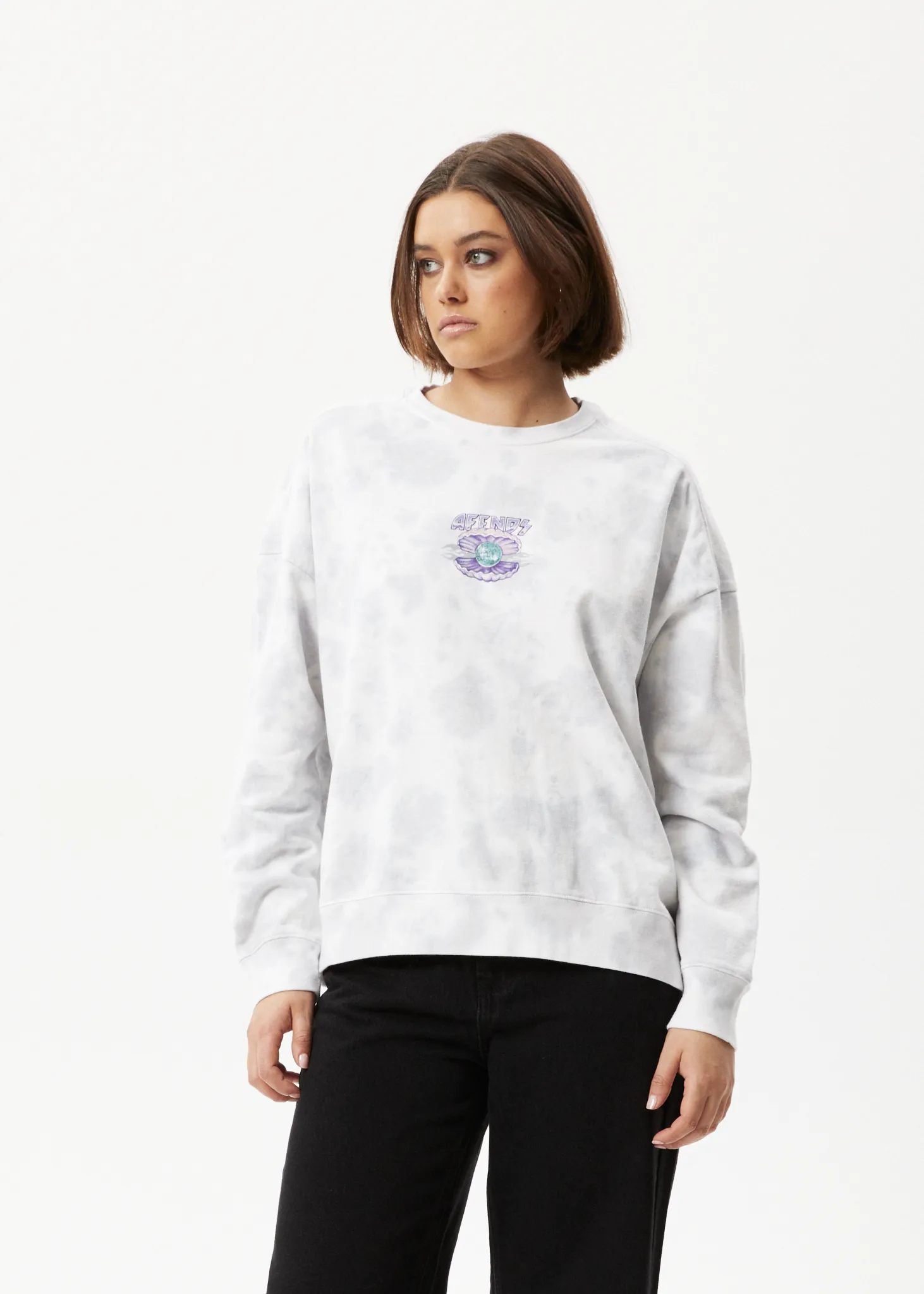 AFENDS Womens Pearla - Crew Neck Graphic Jumper - Smoke Wash