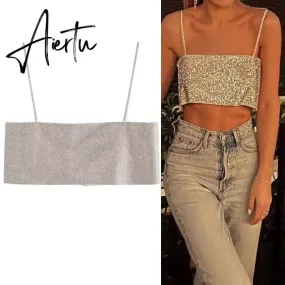 Aiertu Sequin Top Woman Sexy Fashion Backless Crop Top Female Shiny Y2K Sleeveless Top Women Silver Corset Tube Tops