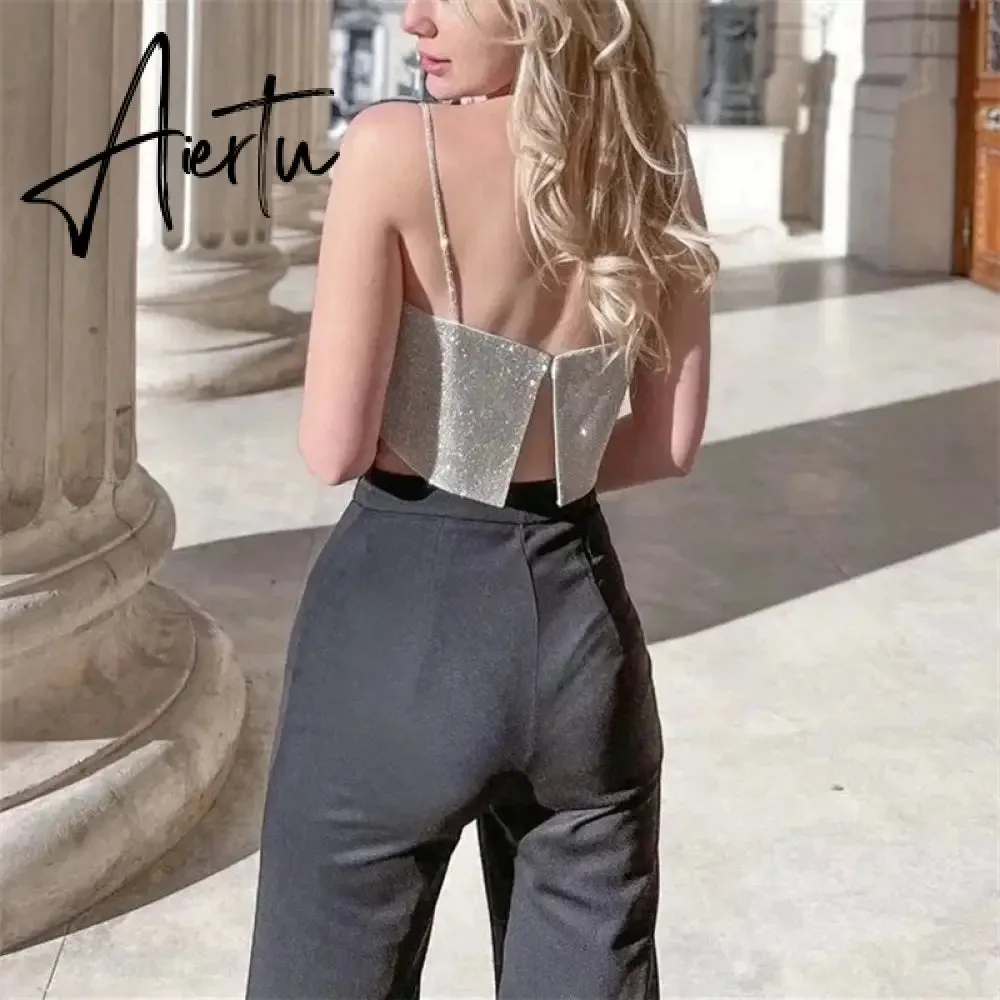 Aiertu Sequin Top Woman Sexy Fashion Backless Crop Top Female Shiny Y2K Sleeveless Top Women Silver Corset Tube Tops