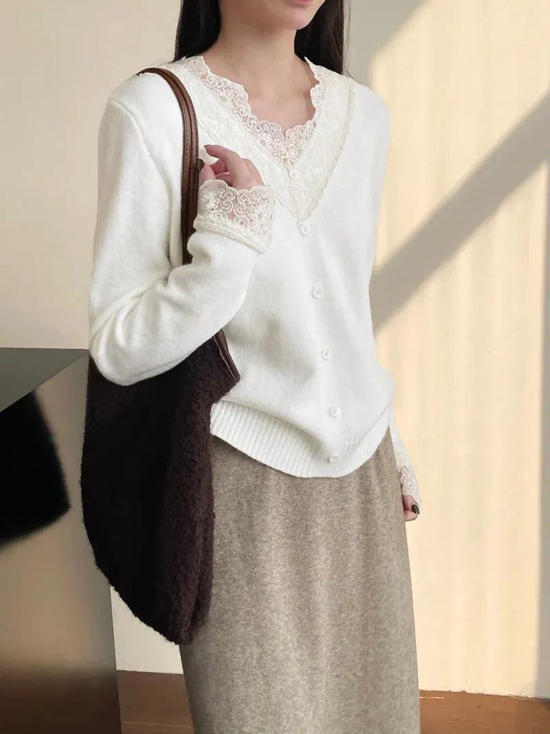 Amozae-Autumn Casual Outfits Amozae-Lace Patchwork Knitted Sweater, V-Neck, Long Sleeve, Basic Jumper, Fall, Winter