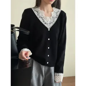 Amozae-Autumn Casual Outfits Amozae-Lace Patchwork Knitted Sweater, V-Neck, Long Sleeve, Basic Jumper, Fall, Winter