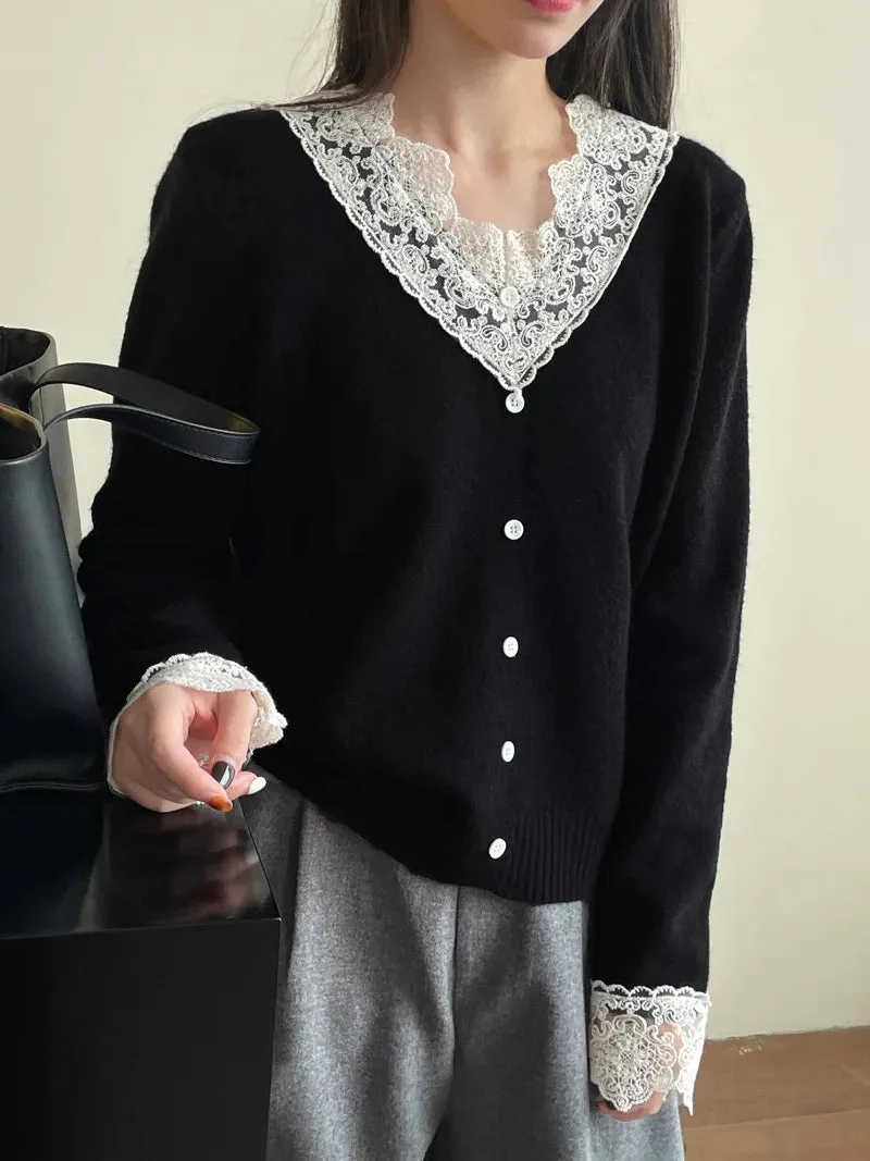 Amozae-Autumn Casual Outfits Amozae-Lace Patchwork Knitted Sweater, V-Neck, Long Sleeve, Basic Jumper, Fall, Winter