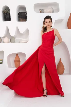 Angelino Red Satin One Shoulder Long Evening Dress