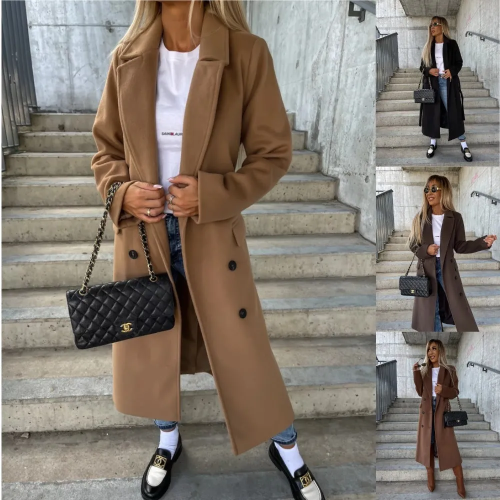 Autumn And Winter Long Sleeve Lapel Button Split Woolen Coat For Women