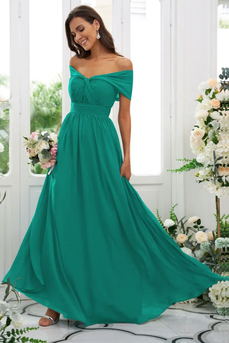 B4042 - Off-Shoulder Chiffon Ruched Sleeveless A-Line Bridesmaid Dress