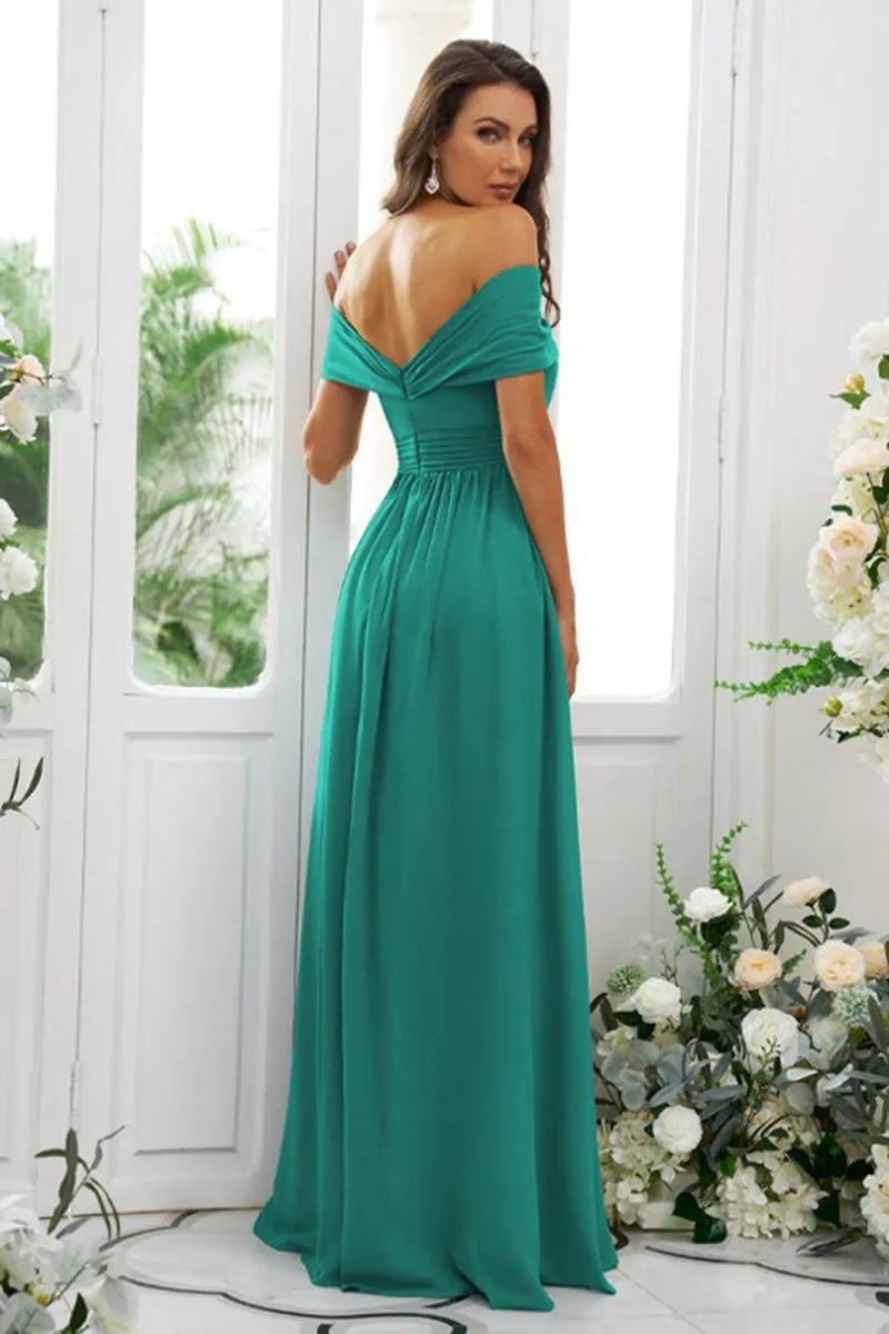 B4042 - Off-Shoulder Chiffon Ruched Sleeveless A-Line Bridesmaid Dress