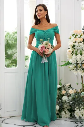 B4042 - Off-Shoulder Chiffon Ruched Sleeveless A-Line Bridesmaid Dress