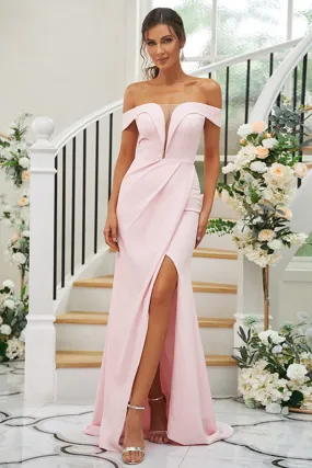 B4078 - Low V-Neck Off-Shoulder Satin Sheath Long Bridesmaid Dress With Slit