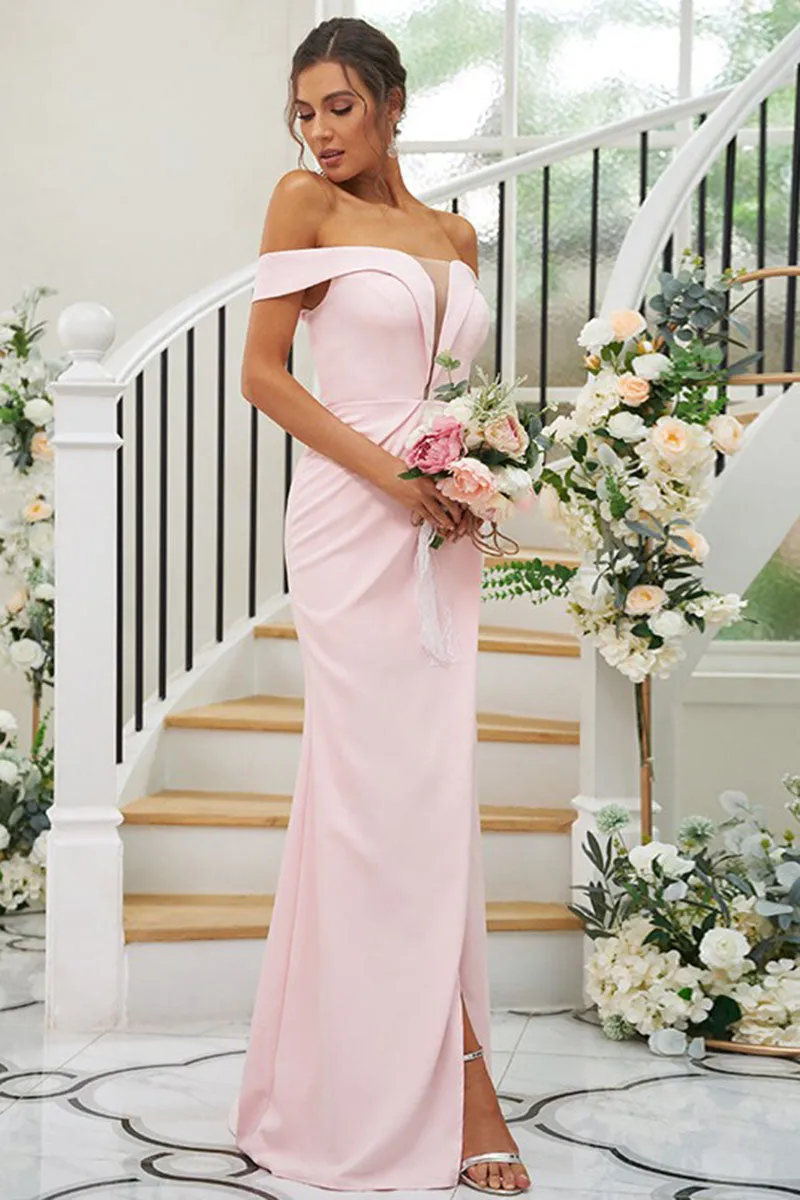 B4078 - Low V-Neck Off-Shoulder Satin Sheath Long Bridesmaid Dress With Slit