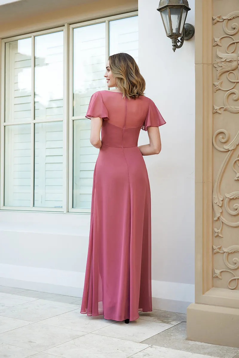 B4107 - Square Neck Short Sleeves Chiffon A-Line Long Bridesmaid Dress