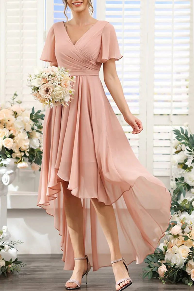 B4130 - V-Neck Short Sleeves Ruched Chiffon A-Line High Low Bridesmaid Dress