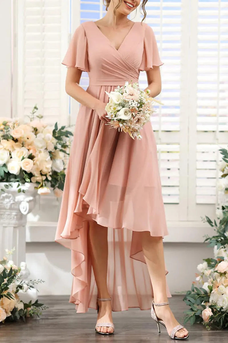 B4130 - V-Neck Short Sleeves Ruched Chiffon A-Line High Low Bridesmaid Dress