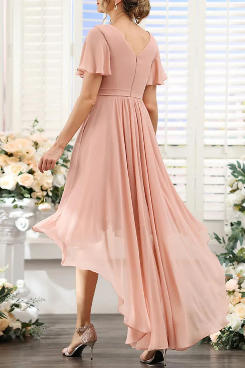 B4130 - V-Neck Short Sleeves Ruched Chiffon A-Line High Low Bridesmaid Dress