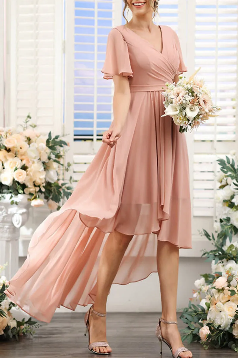 B4130 - V-Neck Short Sleeves Ruched Chiffon A-Line High Low Bridesmaid Dress