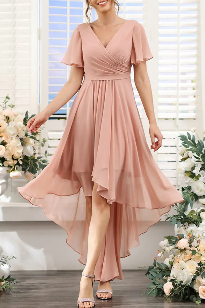 B4130 - V-Neck Short Sleeves Ruched Chiffon A-Line High Low Bridesmaid Dress