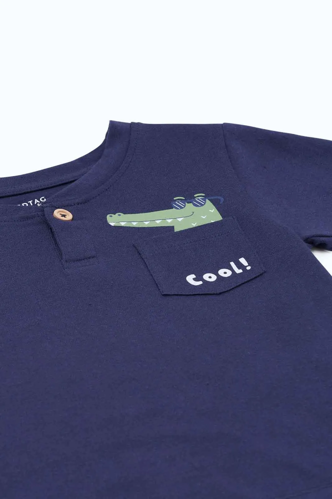 Baby Boys Navy Printed Pocket Henley T-Shirt