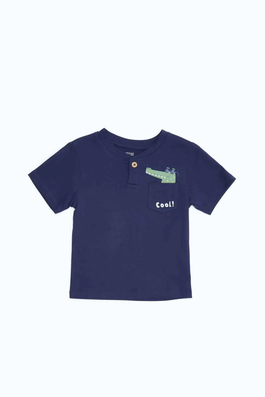 Baby Boys Navy Printed Pocket Henley T-Shirt