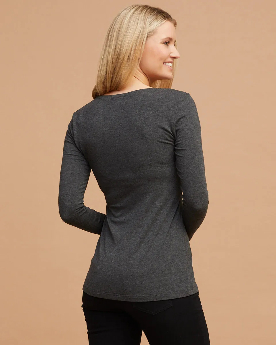 Bamboo Long Sleeve Nursing Tee - Charcoal Marle