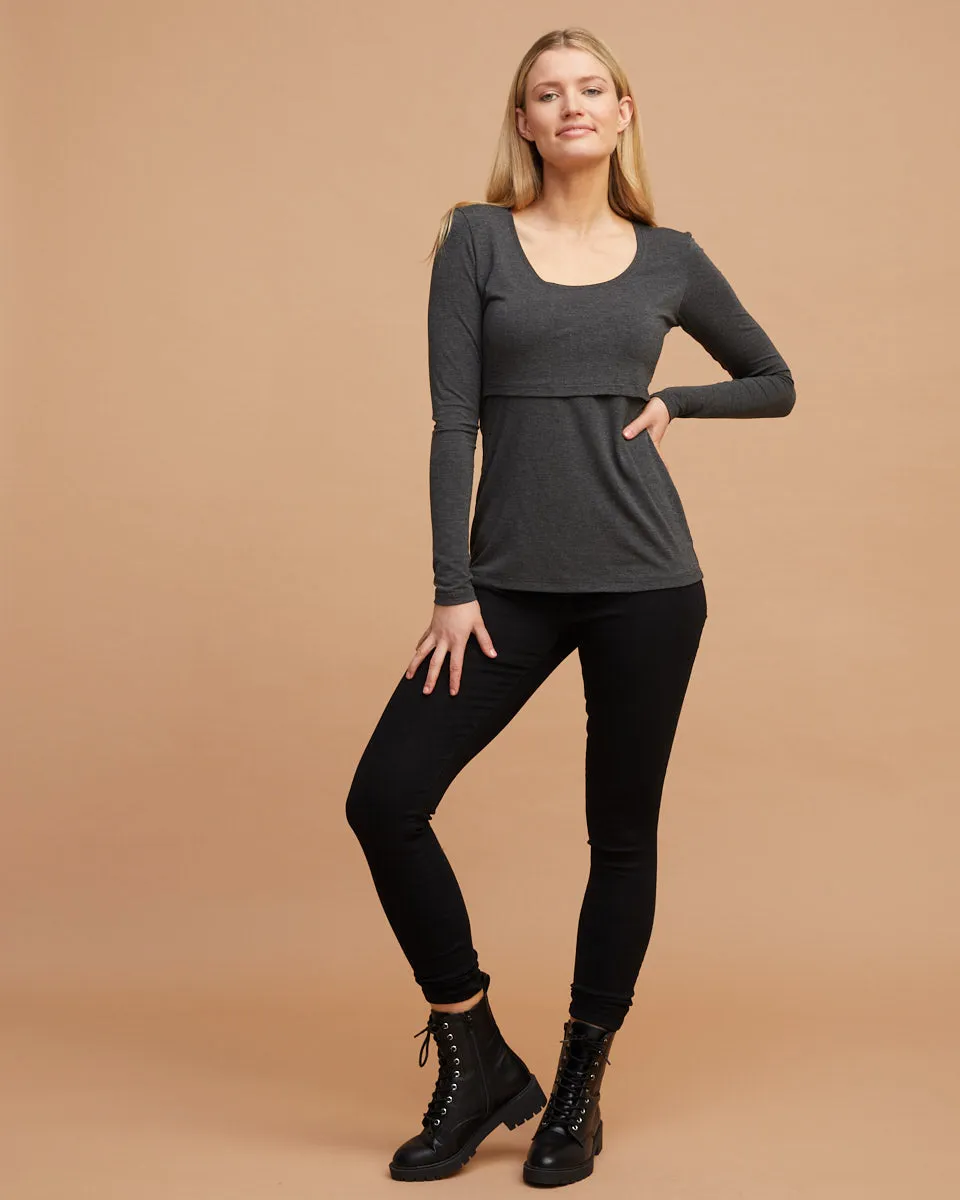 Bamboo Long Sleeve Nursing Tee - Charcoal Marle