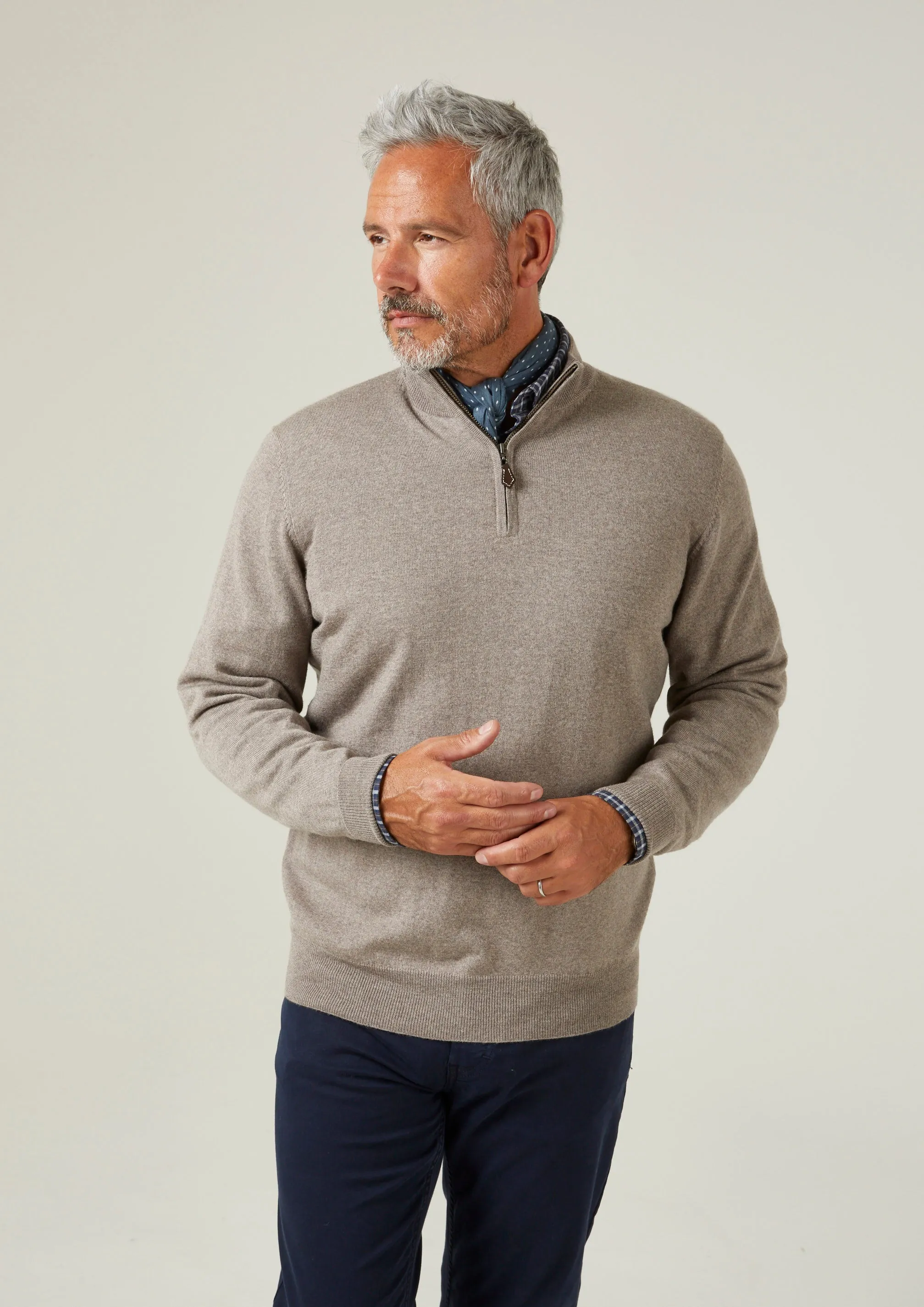 Barton Merino Wool 1/4 Zip Mock Jumper in Mushroom - Regular Fit