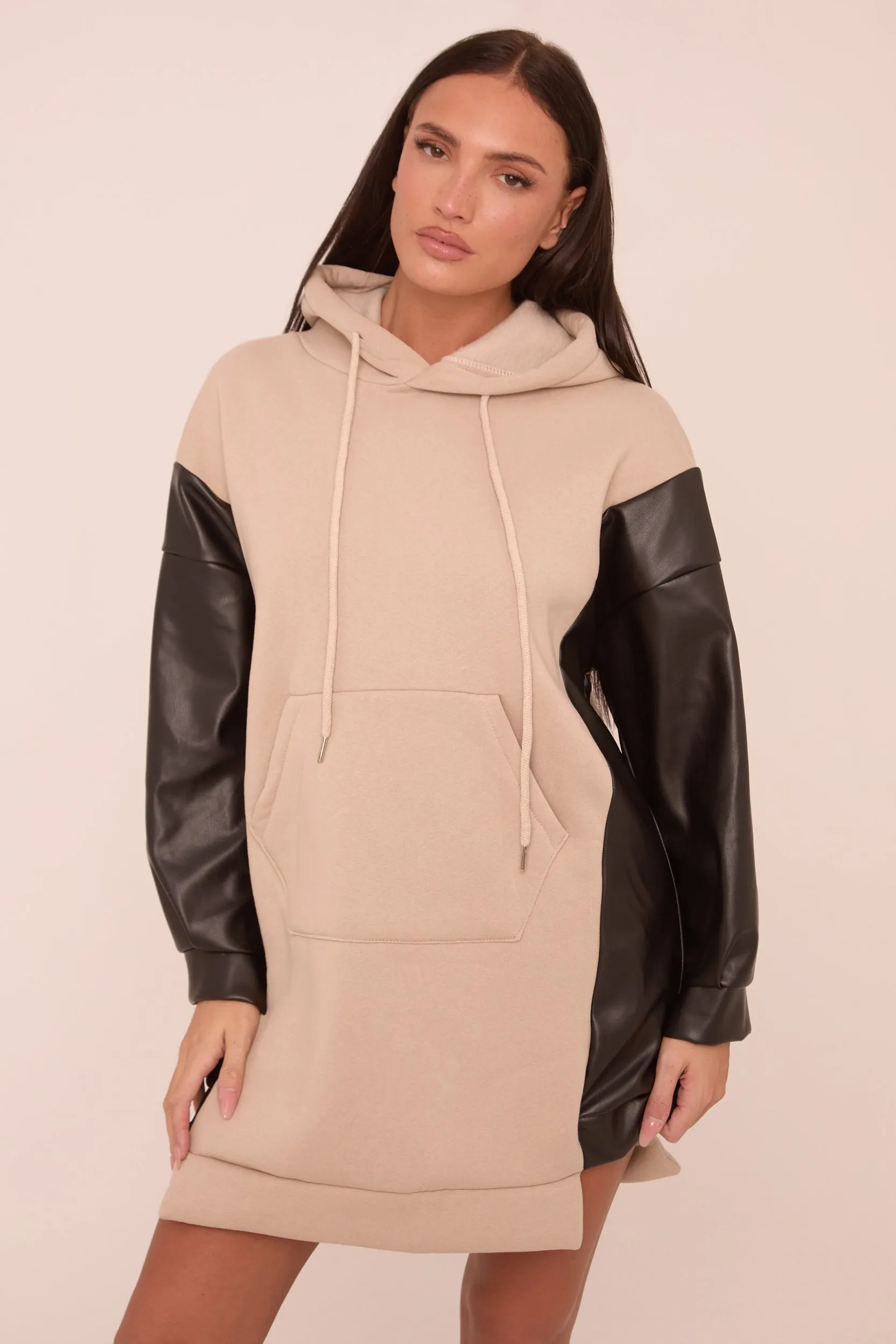 Beige Faux Leather Long Sleeves Hooded Jumper Dress - Kary