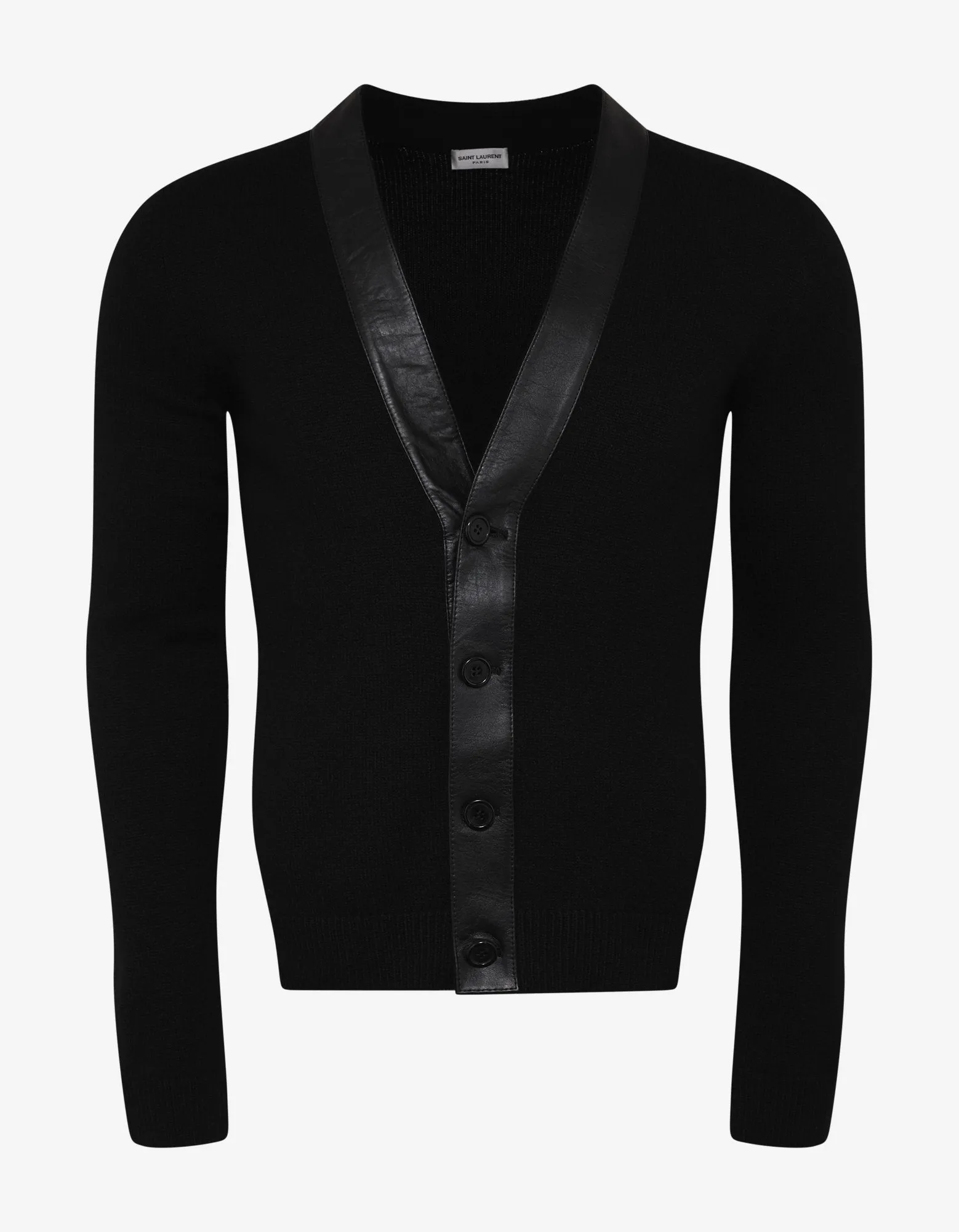 Black Cashmere Cardigan with Leather Trim