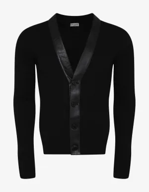 Black Cashmere Cardigan with Leather Trim